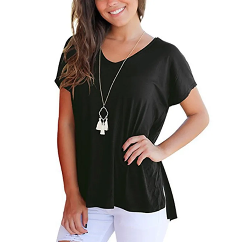 2019 Summer Tops for Women Solid Short Sleeve T Shirt Casual V Neck Fashion Side Split Loose Femme Tee | Женская одежда