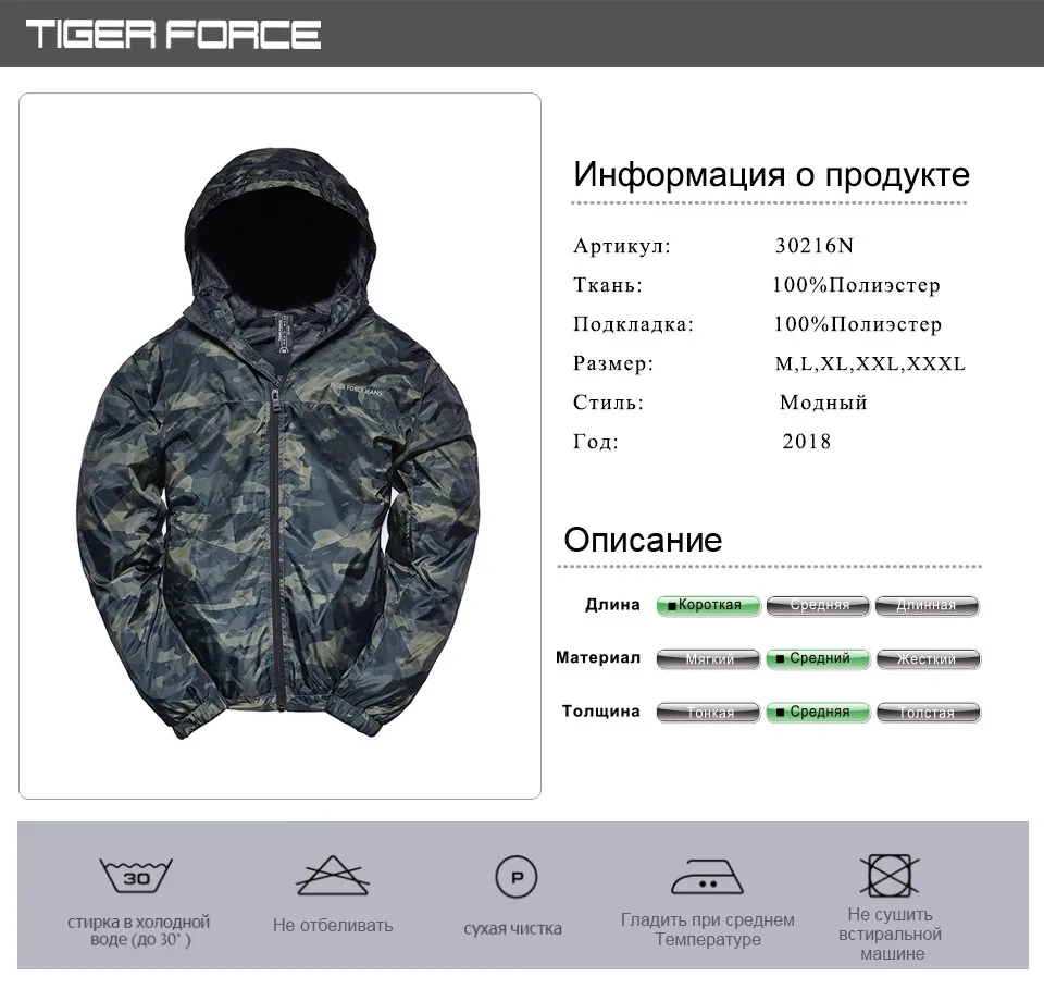 TIGER FORCE Spring Men Casual Jacket Hooded Camouflage Jacket with Print Men's Windbreaker Coat Male Army Camo Outwear