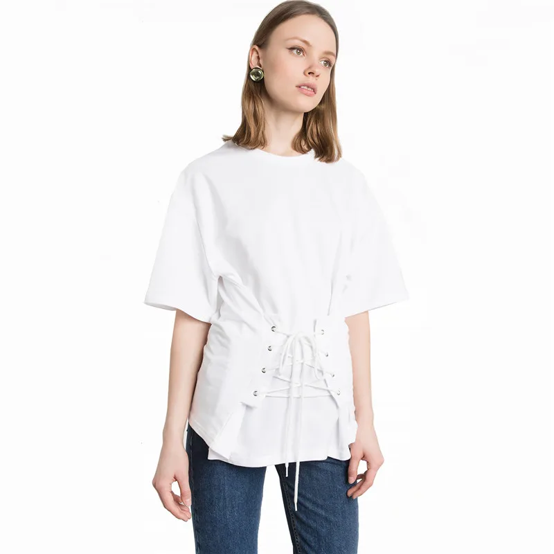 Белая рубашка-корсет на шнуровке блузка с ремнем и поясом лето 2018 блузы коротким