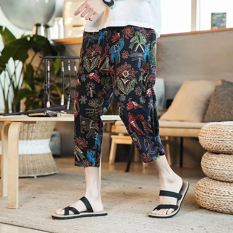 

LOLDEAL Floral Print Nine Pants Chinese Large Size Loose Wide Leg Pants Men