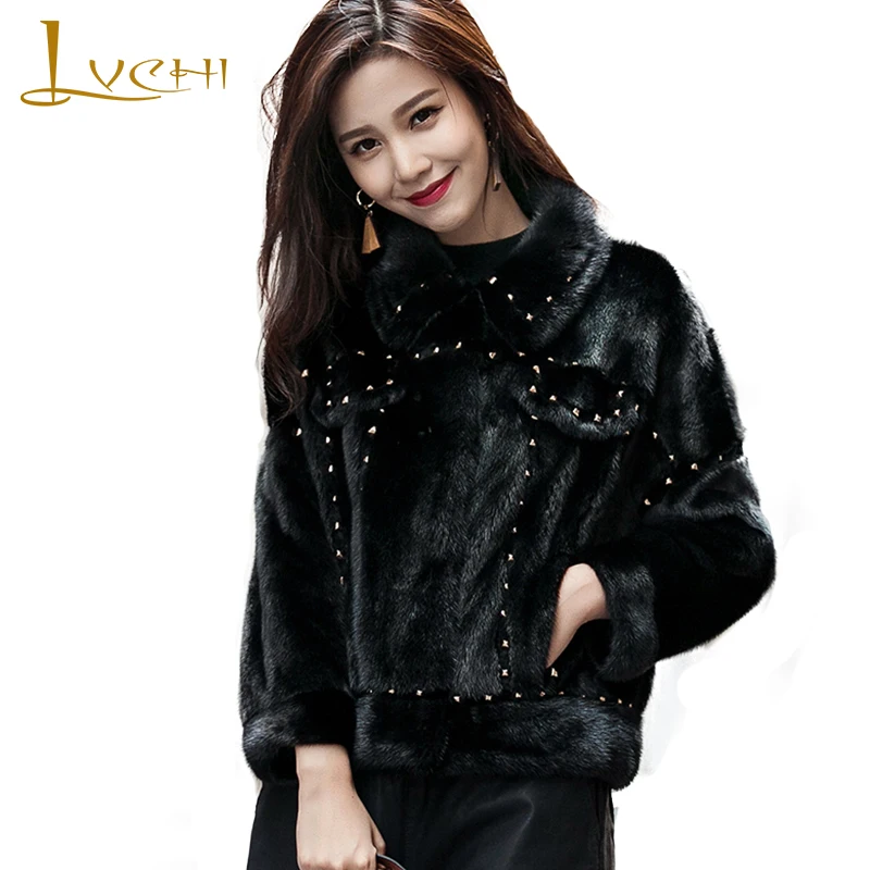 

LVCHI Winter New 2019 Imported Mink Coat Women's Natural Fur Coat Mink Coat Slim O-Neck Beading Cool Lady Short Mink Fur Coats