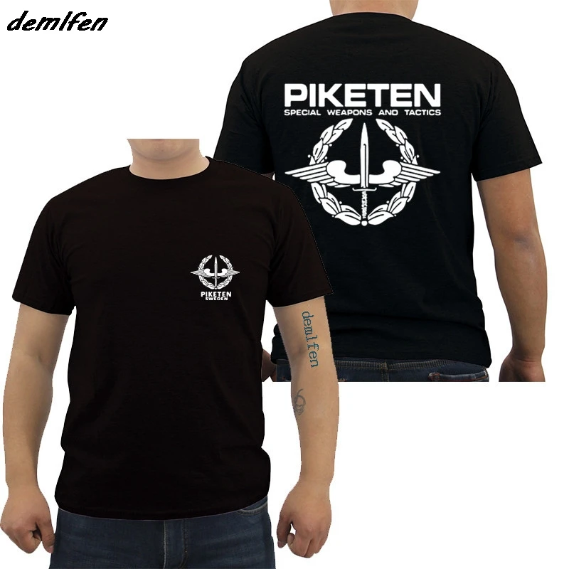 Лидер продаж Модные шведский Швеции полиции SWAT спецназ Piketen Pockett черная футболка