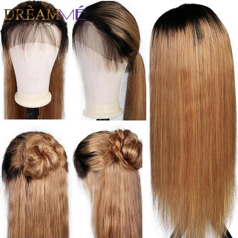 Прямые волосы Омбре блонд парик фронта шнурка темный корень 13X6 глубокая часть