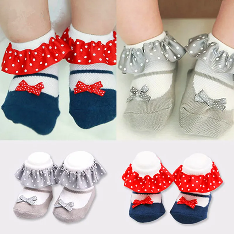 Calcetines de encaje de princesa con volantes para ni&ntilde;as, medias de algod&oacute;n con lazos y puntos, ropa de dibujos animados, accesorios de fotograf&iacute;a-2