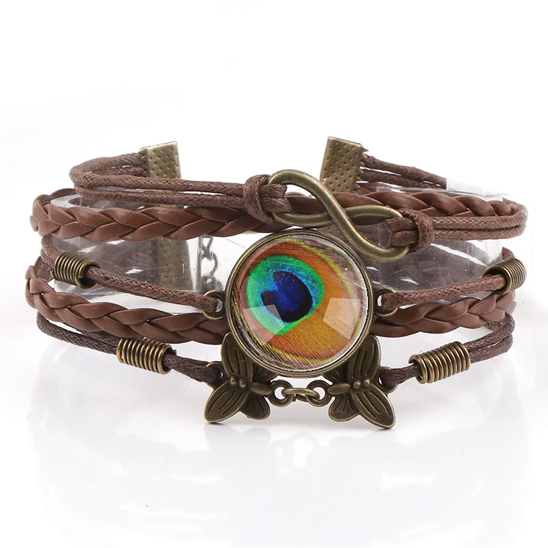 

Interchangeable Vintage Metal Mixed Peacock feather Glass Cabochon Rope Leather Bracelet Choker DIY Personalized Jewelry Finding