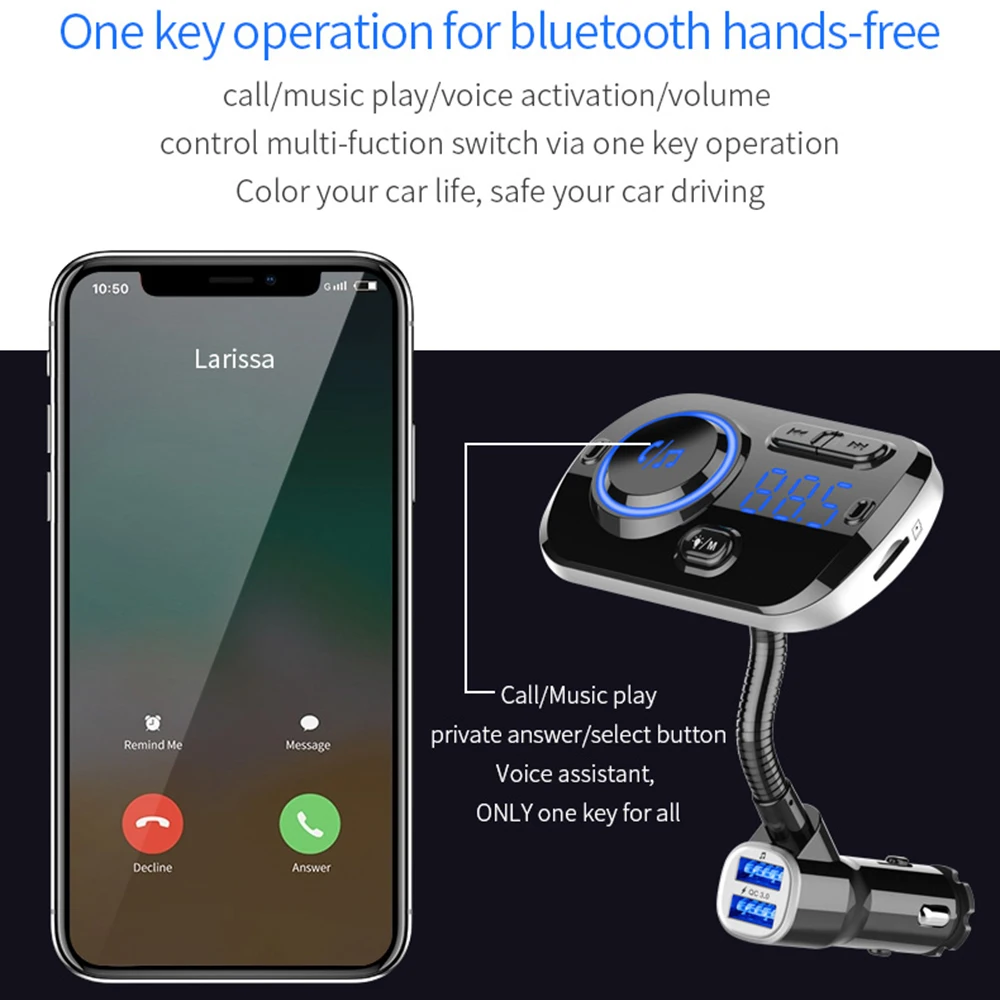 JINSERTA цветной светильник, Большой Цифровой Автомобильный Mp3 плеер, Bluetooth 5,0, fm-передатчик QC3.0, двойное зарядное устройство USB, поддержка AUX, TF карта