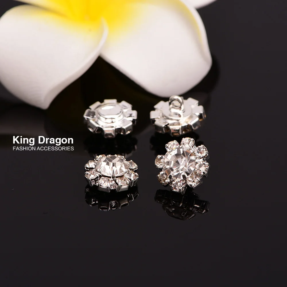 Adorno de diamantes de imitaci&oacute;n de cristal utilizado en el centro de flores, 10MM, 100 unids/lote, parte trasera plana o parte trasera de v&aacute;stago plateado, KD21-4