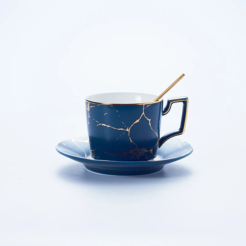 Blue 1Cup Мрамор Керамика Кофе чашка с блюдцем ложка 200 мл Nordic Чай чашки Матовый фарфор Чай расширенный набор Чай чашка кафе эспрессо чашка - Цвет: Blue 1Cup