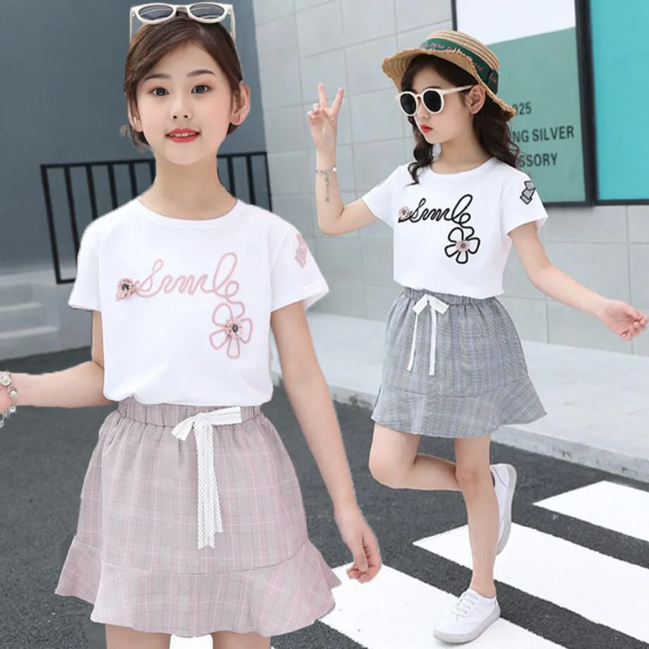 Летние комплекты для девочек костюм платье Детская футболка и юбка 2 шт./компл.