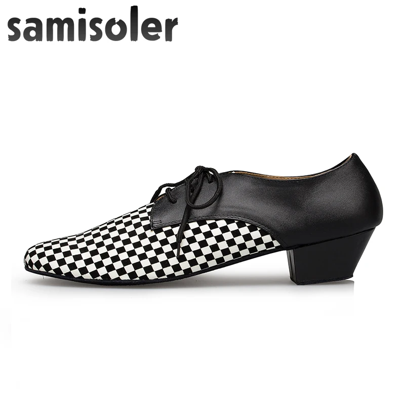 Мужские кожаные туфли для бальных танцев Samisoler черные белые на плоской подошве