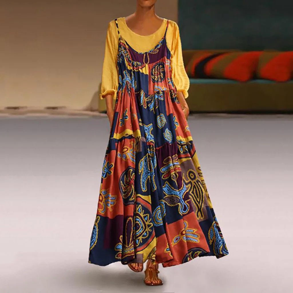 Женское винтажное платье льняное Повседневное размера плюс с принтом из двух