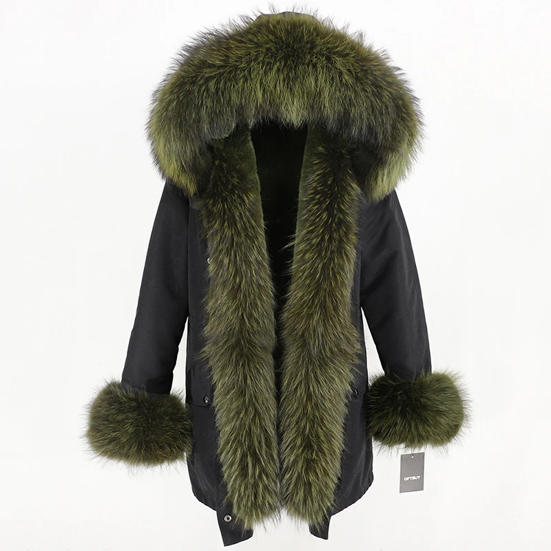 black green OFTBUY, пальто с натуральным мехом, зимняя куртка для женщин, натуральный мех енота, капюшон, водонепроницаемая, длинная парка, съемная, уличная одежда, роскошные парки, теплые - Цвет: black green