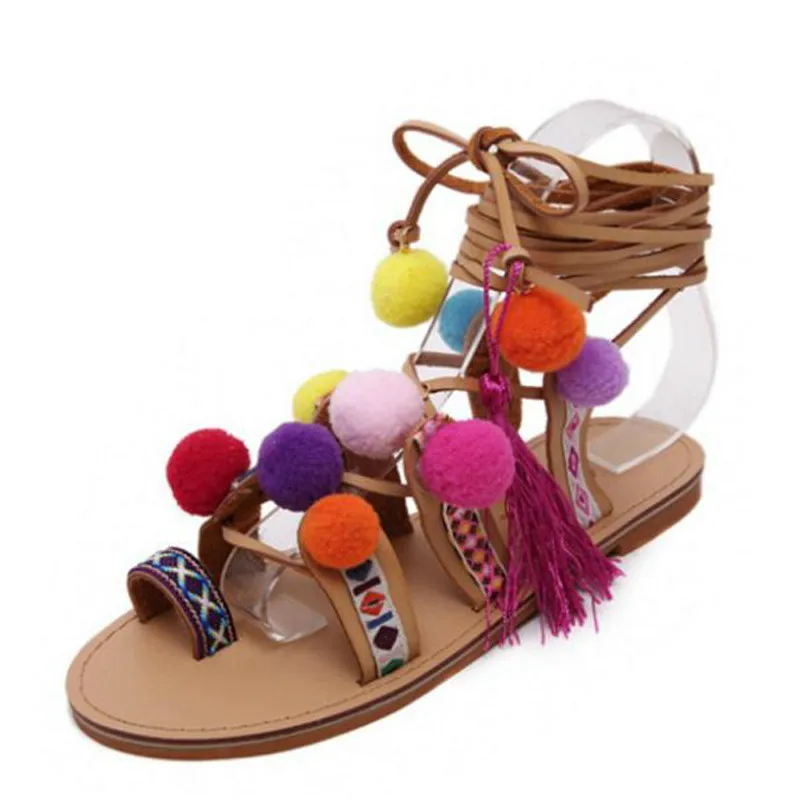 

2019 Sandalias Pompones Suede Pom Pom Gladiator Sandals Women Lace Up Knee High Flat Sandal Women Shoe Summer Brown For Dropship