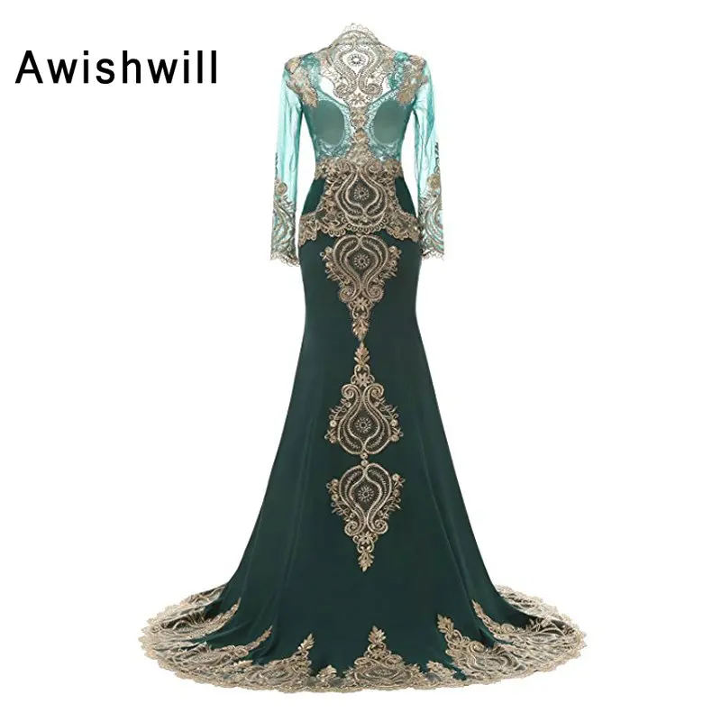 Новые вечерние платья Дубая 2020 с плащом, золотым кружевом, длинными рукавами, рыбьим хвостом для женщин, формальные платья Vestido Longo.