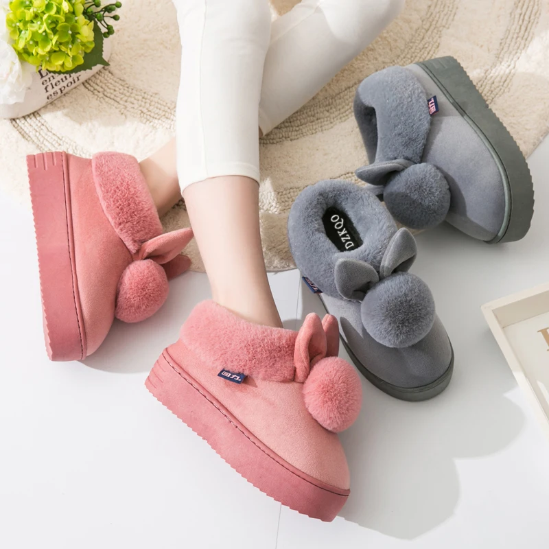 Милые Спальня Flatforms мех мягкий зима Нечеткие Для женщин Дом пушистые забавные плюшевые тапочки кролик Pom широкий покрой обувь дамы пушистый розовый