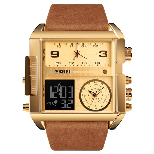 Gold Brown SKMEI Спорт фитнес для мужчин часы Элитный бренд кварцевые Военная Униформа наручные часы светодиод цифровой часы водонепроница Relogio Masculino - Цвет: Gold Brown