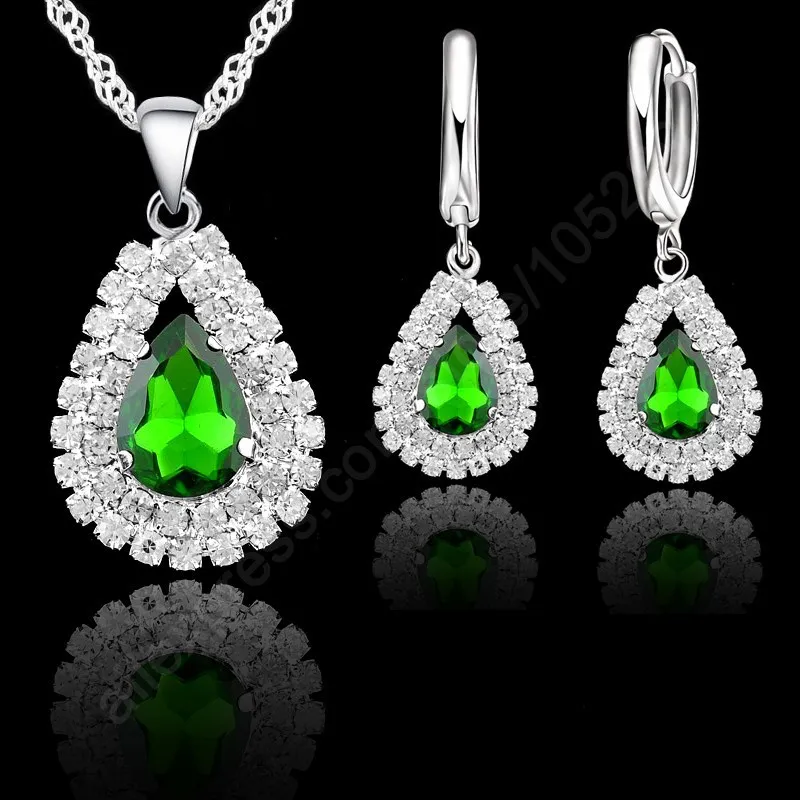 Серебро 925 пробы красивый блестящий зеленый кулон ожерелье серьги-кольца наборы