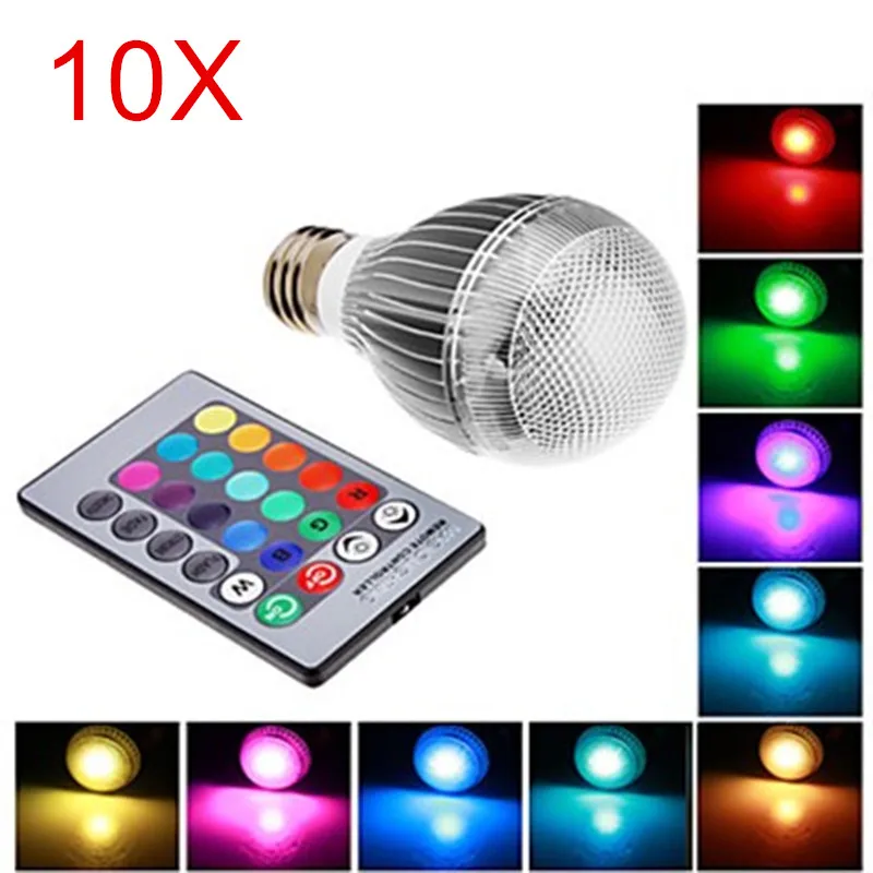 Светодиодная лампа E27 RGB 10 шт. 9 Вт 16 цветов переменный ток 110 В 220 230 для украшения