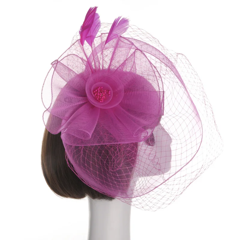 Fuchsia JaneVini винтажные женские свадебные шляпы с лицевая вуаль фиолетовый клетка элегантный стиль, для невесты, для свадьбы аксессуары для волос шляпка Mariage - Цвет: Fuchsia