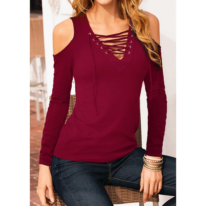 Женская футболка Лето чистый сексуальный плечо открытые V tie нарядные Топы Одежда