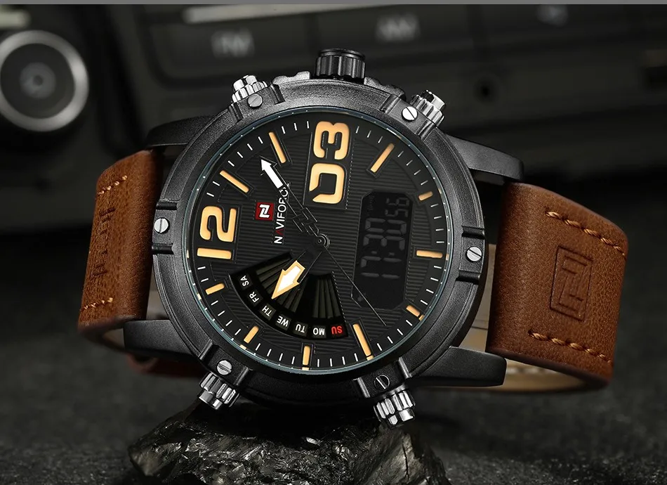 Роскошный бренд NAVIFORCE мужские кожаные военные часы Мужские кварцевые аналоговые светодиодные цифровые спортивные наручные часы relogio masculino
