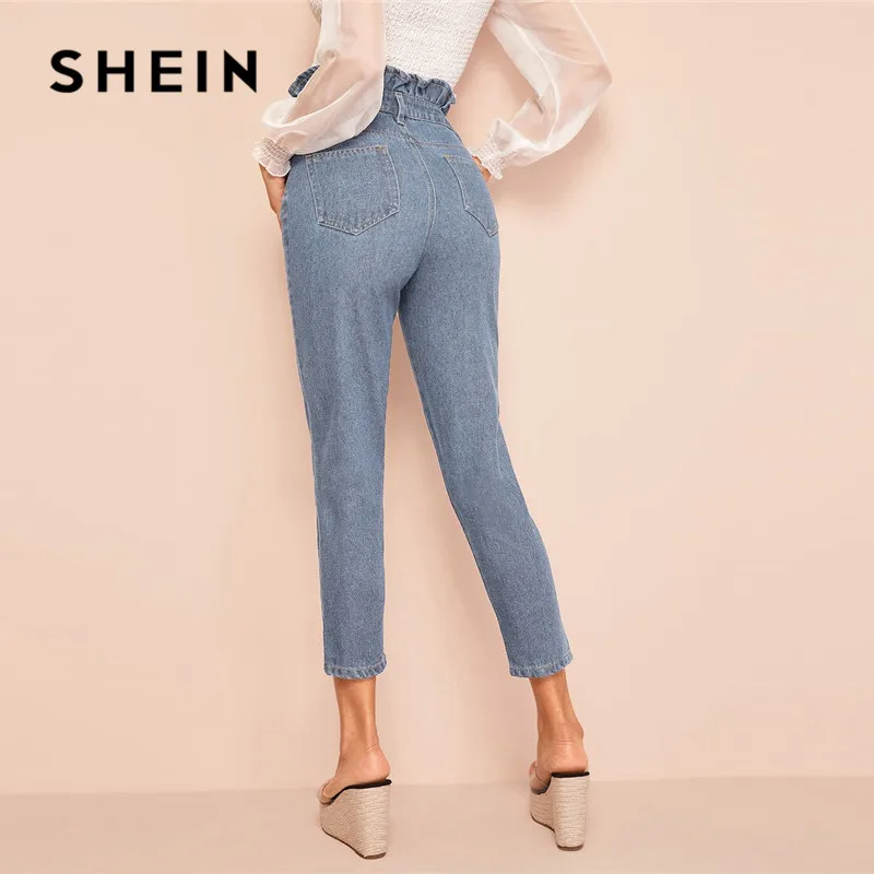 SHEIN светильник мыть пуговица со сборкой на талии обтягивающие джинсы женские сезон: весна–лето Повседневное Высокая Талия Джинсы синие джинсы женские брюки