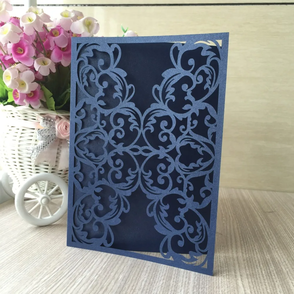 

20pcs New Design Royal Blue Wedding Invitation Card With Laser Cut Pearl shimmer paper craft Design For Wedding Decoration