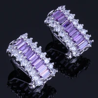 gallant purple cubic zirconia white cz silver plated clip hoop huggie earrings v0922