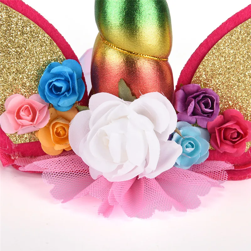 

Glitter Metallic Gold/Silver Unicorn Horn with Flowers Hair Hoop Party For kids headband accessories