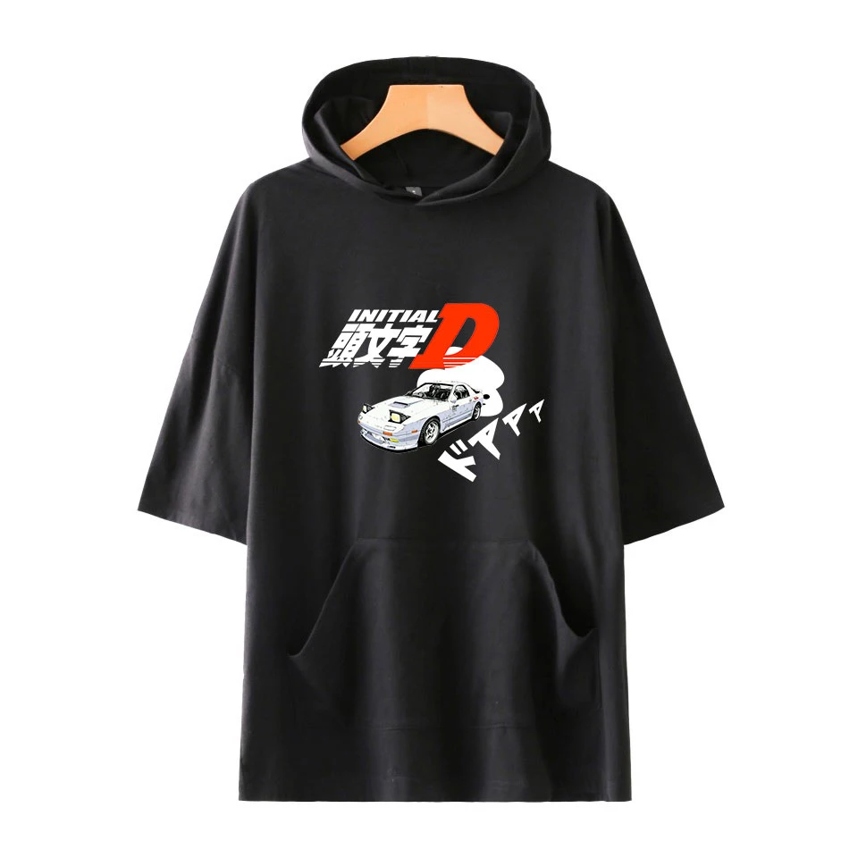 Мужская/женская футболка с капюшоном Initial D 2D Однотонная коротким рукавом лето