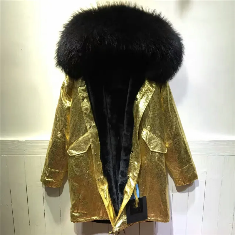 Длинная кожаная куртка золотистого цвета черная зимняя меховая парка на молнии с