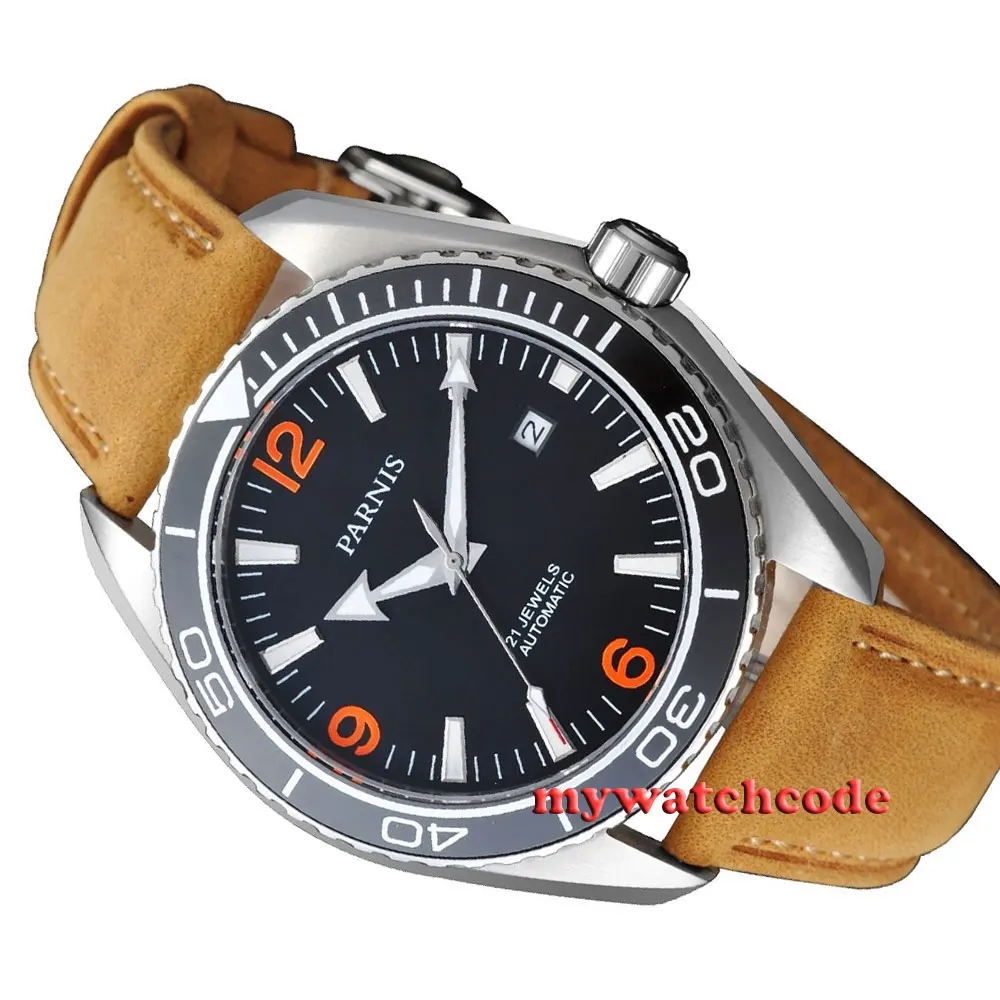 Мужские часы Parnis с оранжевыми цифрами сапфировым стеклом и керамической рамкой