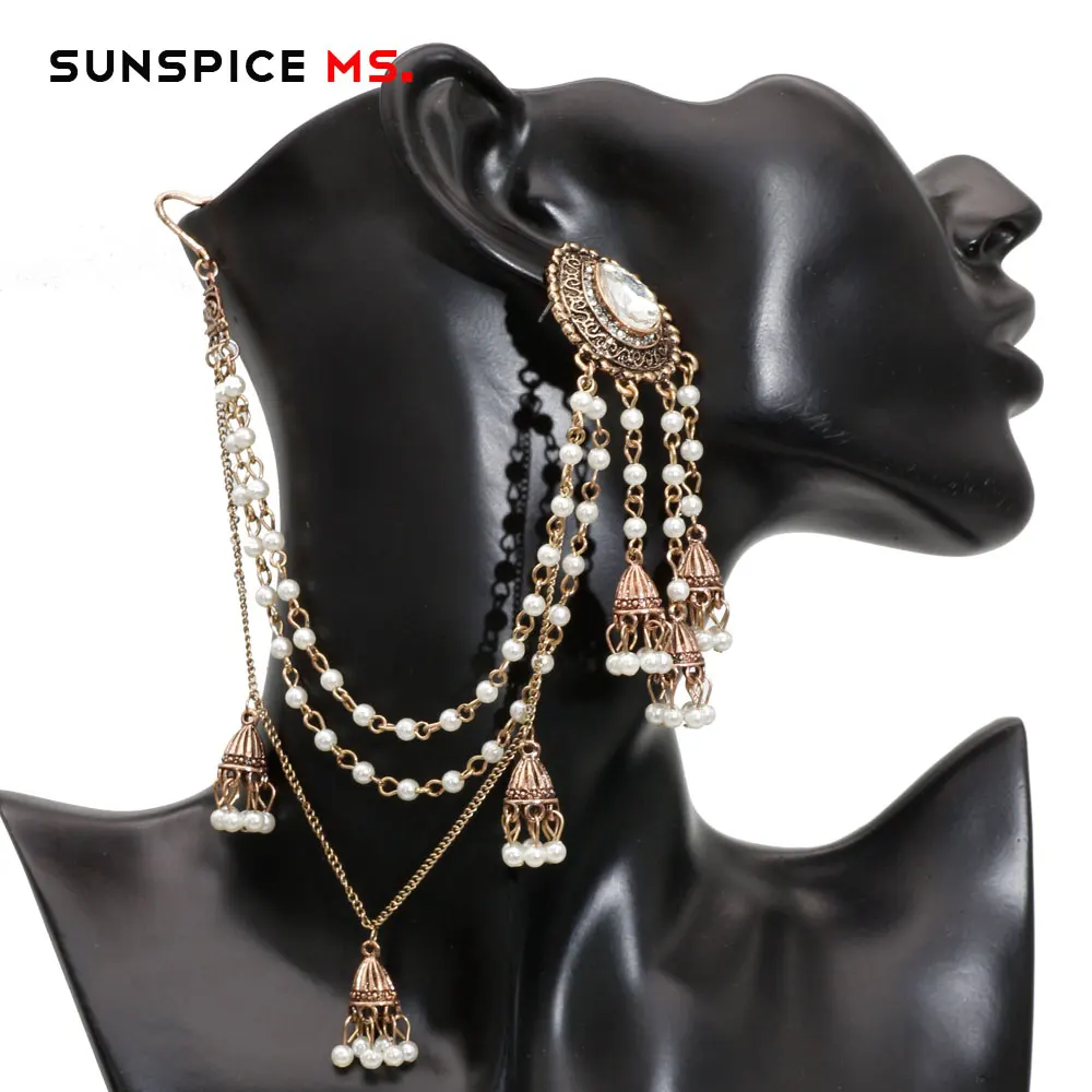 LL095crystal-right SUNSPICE, MS, индийские ювелирные изделия, серьги, звено, головной убор для женщин, античное золото, жемчуг, кисточки, серьги, кристалл, винтажные свадебные аксессуары - Окраска металла: LL095crystal-right