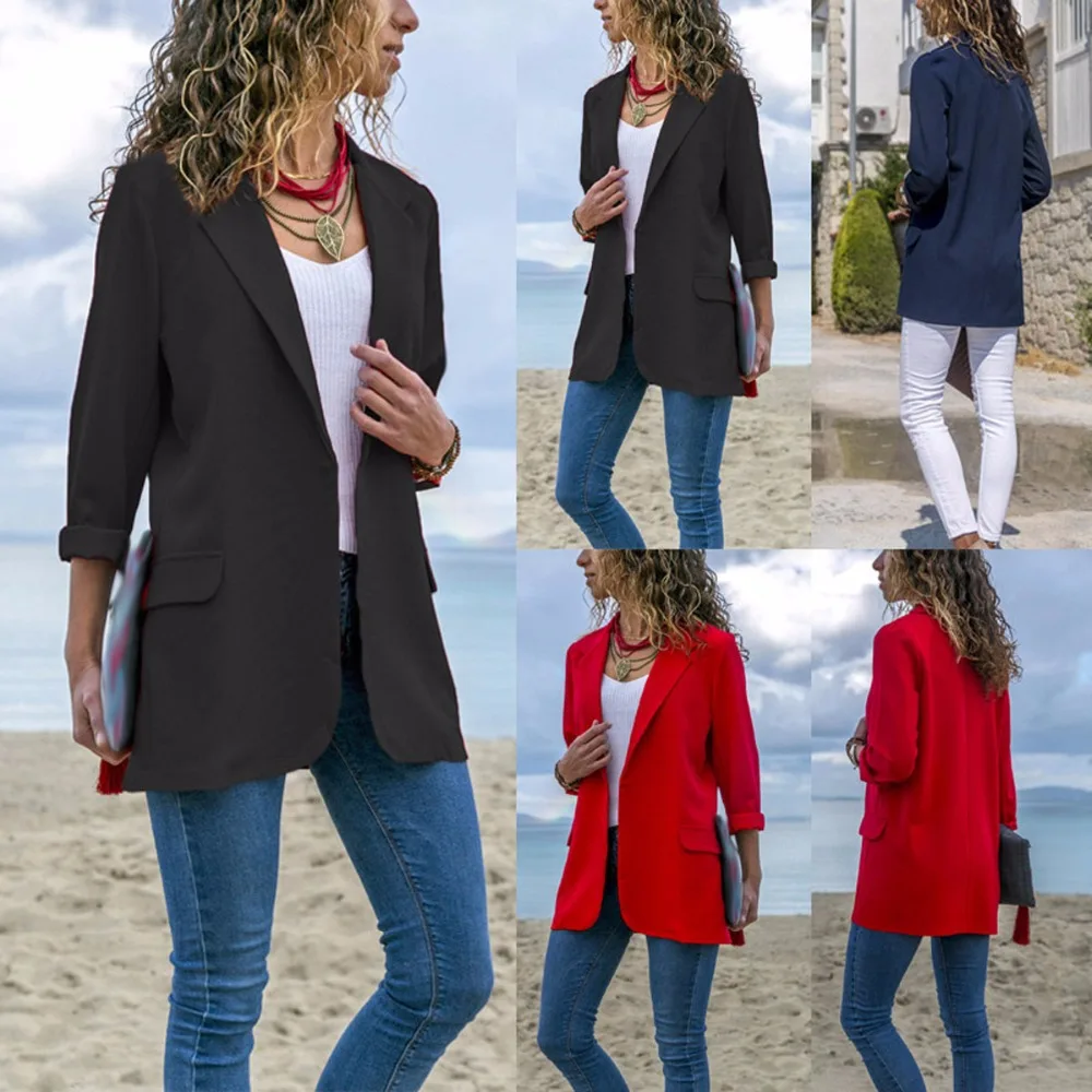 

Womens Elegant Slim Business Suit Jacket Coat Solid Color Long Sleeve Outwear WOMYH0022