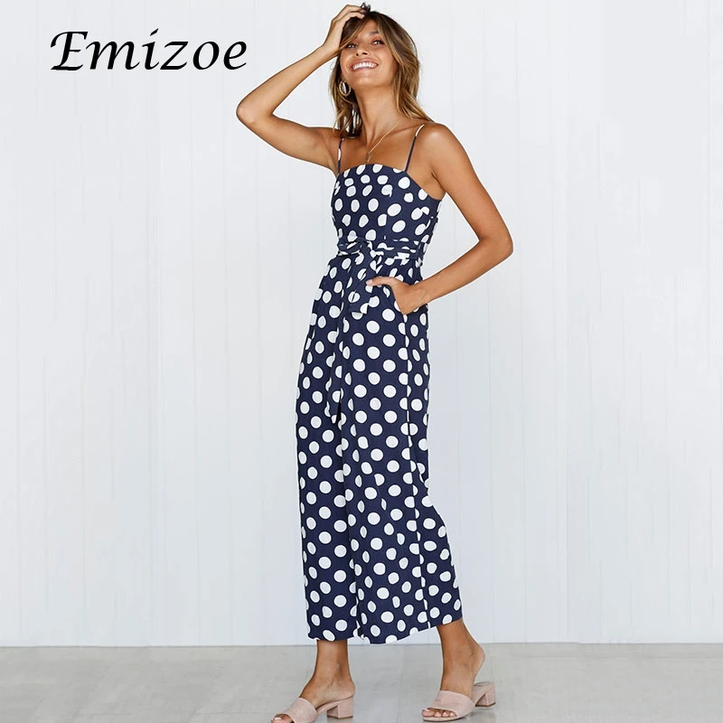 Emizoe 2018 summer elegant polda dot jumpsuit rompers women bodycon strap long streetwear female overalls jumpsuits | Женская одежда