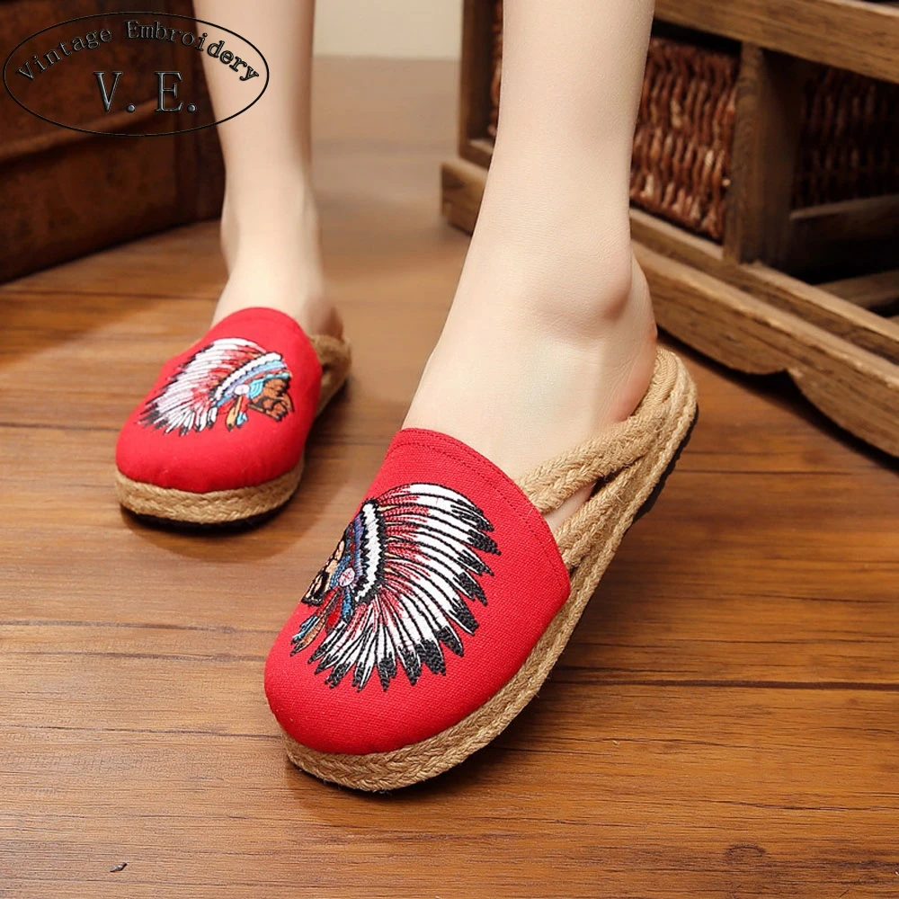 Vintage Embroidery Slippers Women Indian Style Embroidered Women's Shoes Spring Autumn Ethnic Flats Woman Linen Home Slipper | Обувь