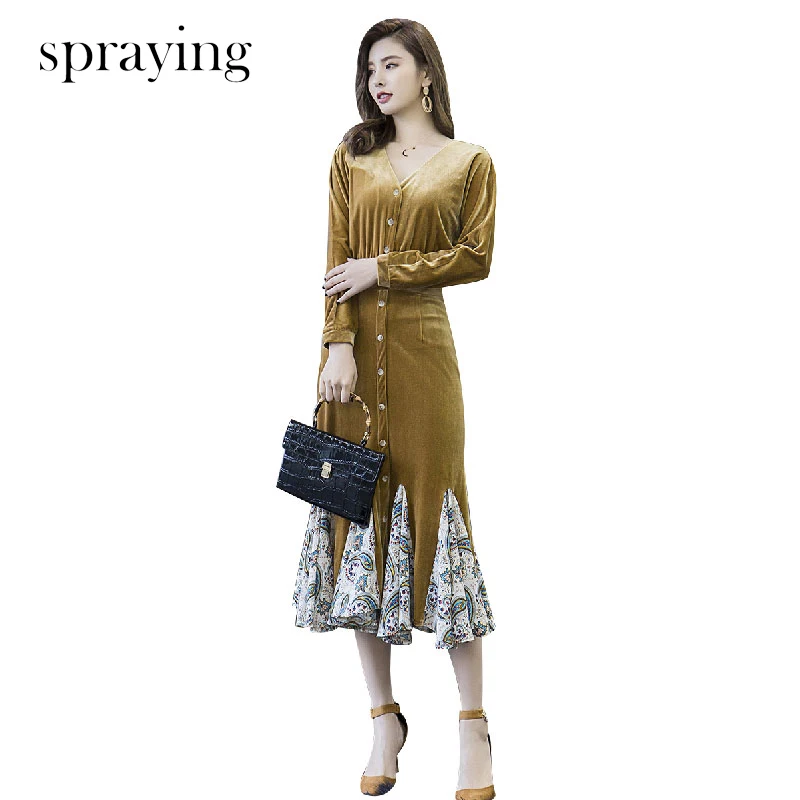 Удобное и простое бархатное платье новинка весны 2019 однотонное шифоновое