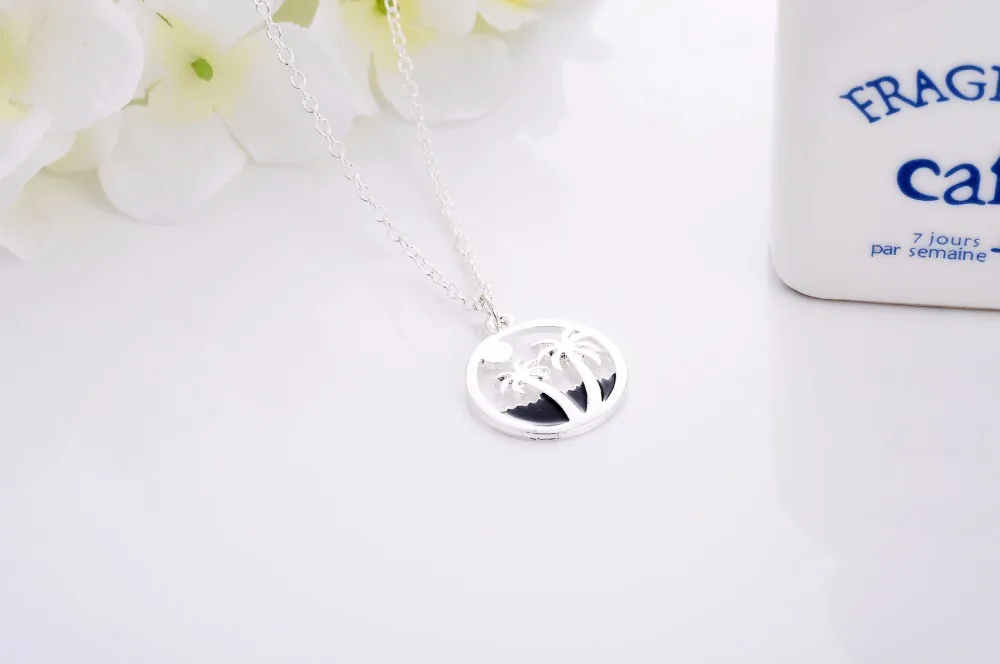 Round Beach Palm Trees Chain necklace Cute Lovely Plant Fashion Necklaces Pendant for Women Girls Best Gift | Украшения и