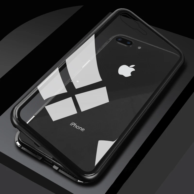ProElite 360 магнитный адсорбционный металлический жесткий чехол для iPhone XS Max XR X 8 7 Plus Прозрачный бампер из закаленного стекла+ 2 шт полное покрытие - Цвет: Black Clear