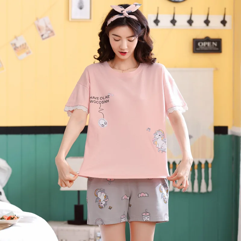 

Women 2019 summer Korean new pajamas cotton ladies fresh sweet short sleeve shorts thin two piece women pajama sets pajama set