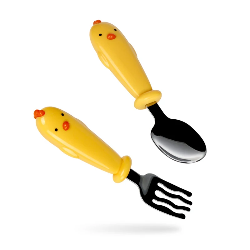 Yellow fork spoon Набор детской посуды из нержавеющей стали с милыми мультяшными героями, термопосуда для детей, термоизоляционная чаша для детей, столовая утварь для кормления MBG0372 - Цвет: Yellow fork spoon