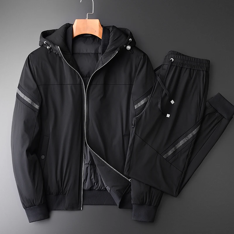 Мужской пуховик с капюшоном и штаны Minglu толстый на белом утином пуху эластичным