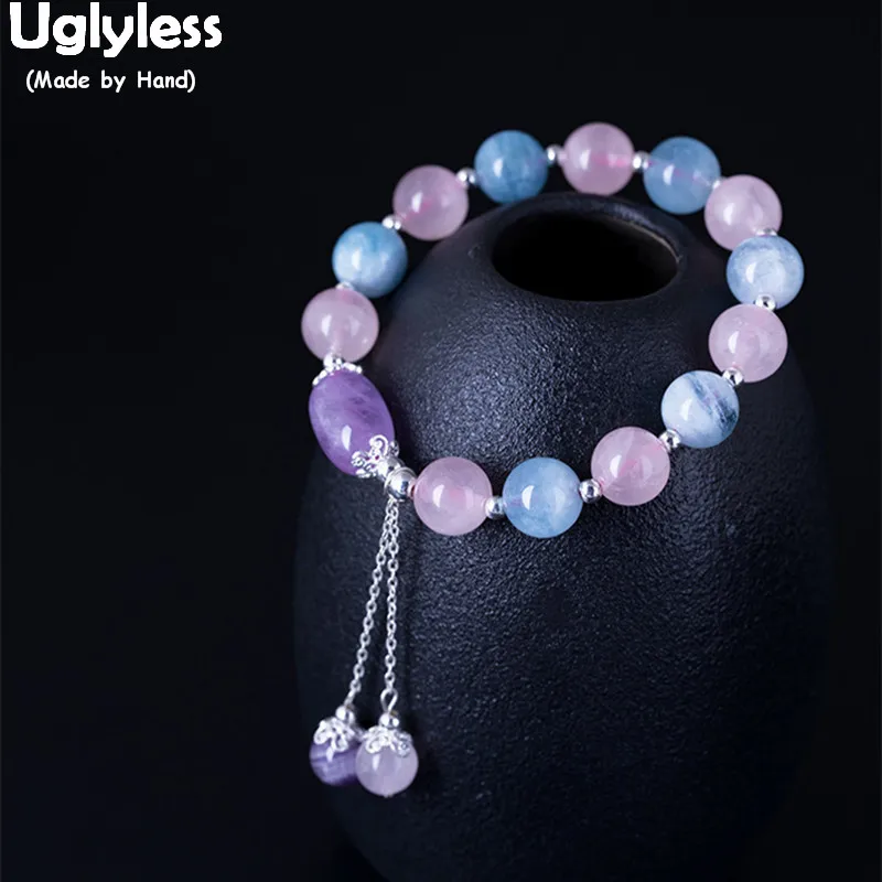 

Uglyless 100% Real 925 Sterling Silver Balls Beading Bracelets for Women Multi Colors Crystal Tassel Bracelet Elastic Rope Jewel