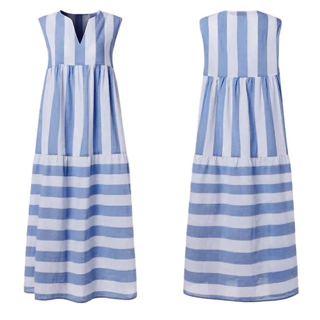 Летнее платье женское без рукавов в полоску с v-образным вырезом вечерние