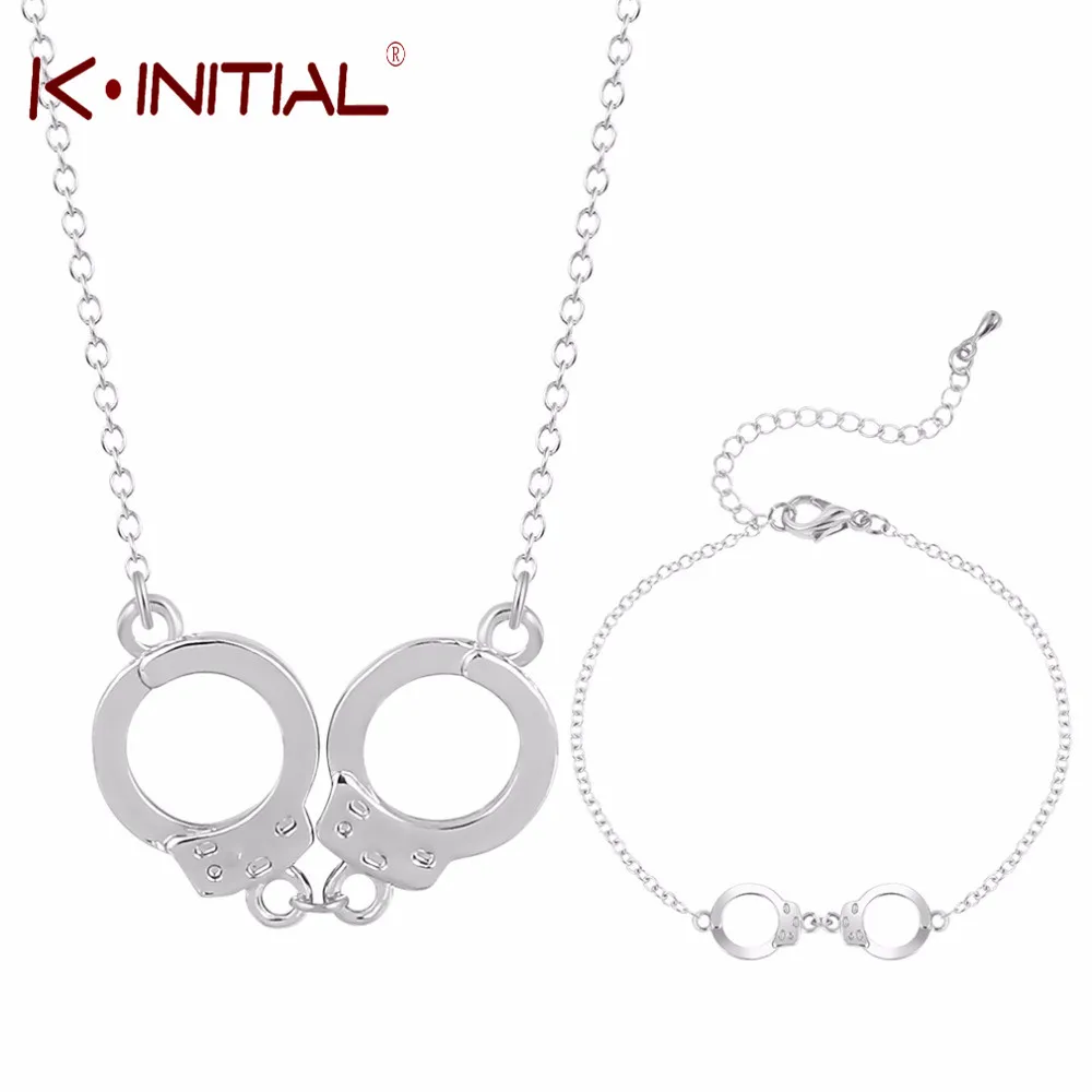 Kinitial Handcuffs Pendant Necklace Bracelets Jewelry Set Infinite Chain for Valentines Day Gifts Statement Bijoux | Украшения и