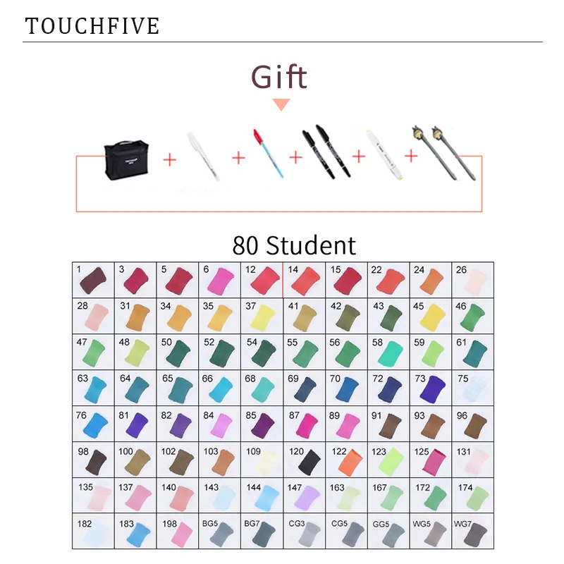 80 STUDENT TouchFIVE 20 Вт, 30 Вт/40/60/80 Цвет маркеры манга рисунок Маркеры Ручка на спиртовой основе эскиз жирной двойной кисть товары для рукоделия - Цвет: 80 STUDENT