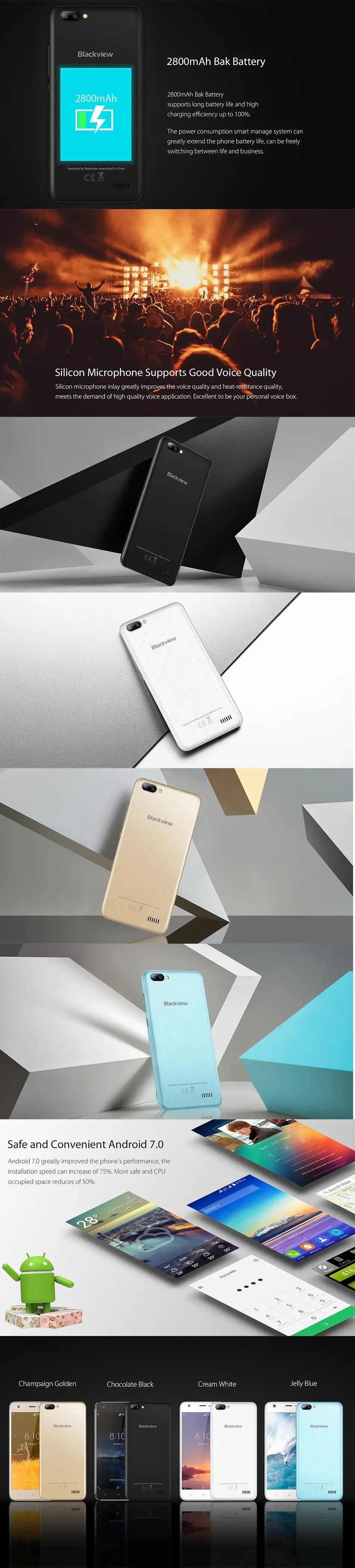 Blackview A7 мобильный телефон Android 7,0 MTK6580A четырехъядерный 5," 1 ГБ 8 ГБ 3 камеры 3g WCDMA 2800 мАч Dual SIM смартфон