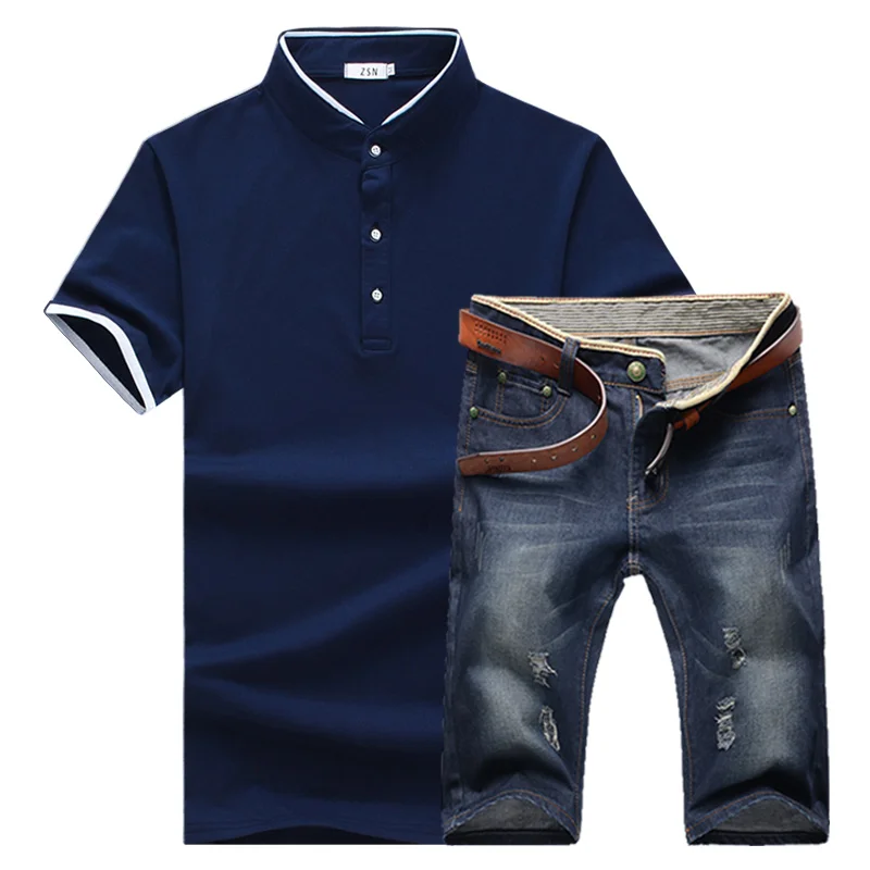 2019 summer fashion new men's casual stand collar short sleeve T-shirt denim cowboy sets / male tops shorts suits | Мужская одежда