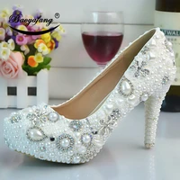 bao yafang 2019 new arrival womens wedding shoes white pearl bridal party dress shoes rhinestone woman high heels platform shoe