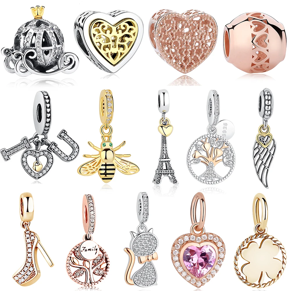 

2019 Trendy Rose Gold Tree Feather Heart Charms Beads Fit Original Bracelet Women Real 925 Sterling Silver Jewelry